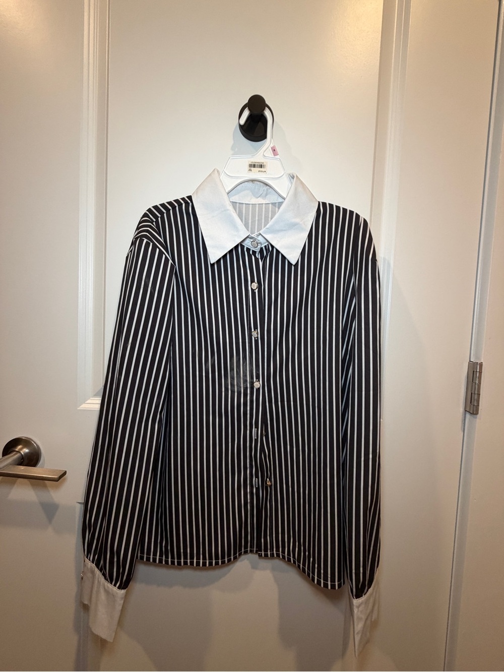 Women’s Black & White Striped Button-Up Shirt Jacket